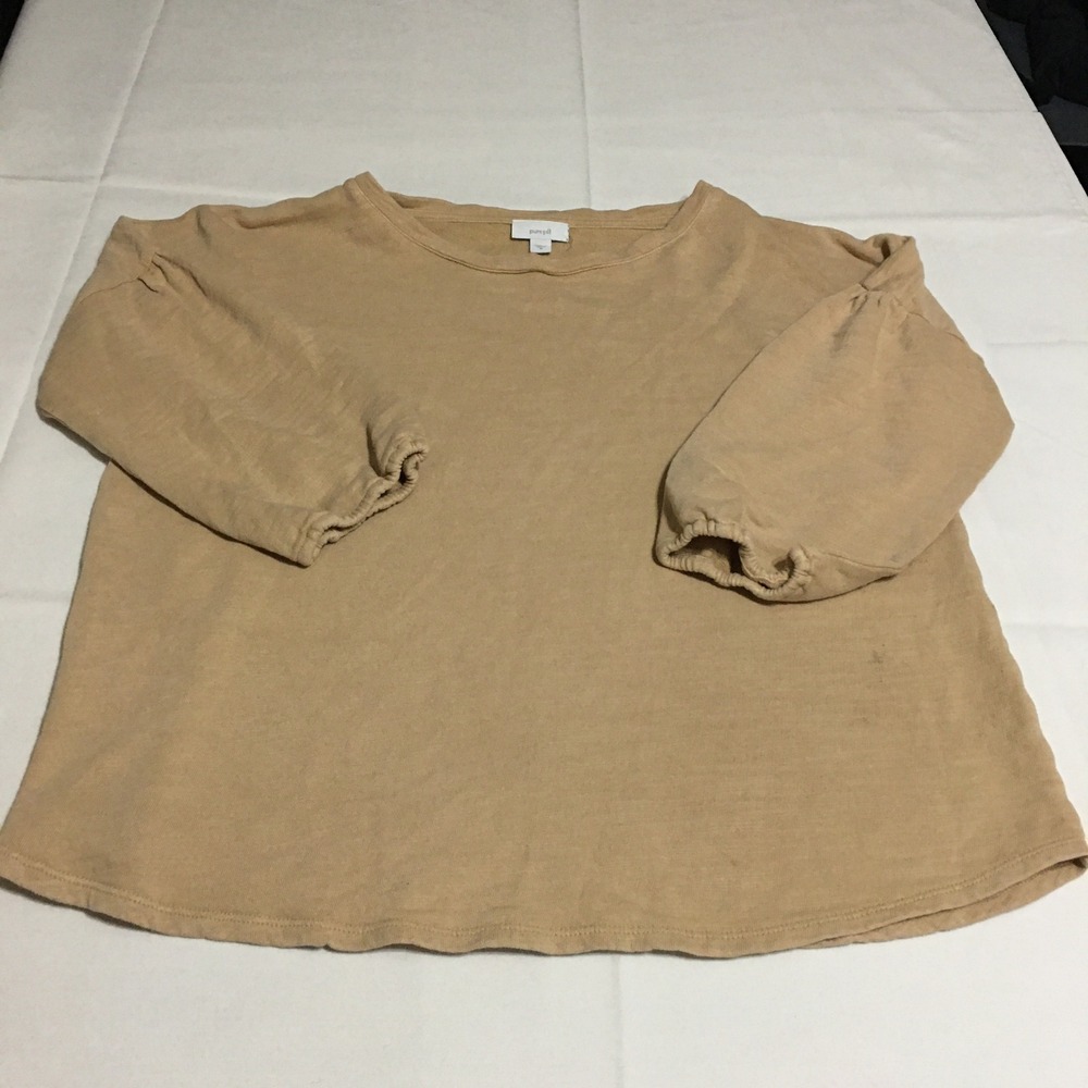Pure Jill Top Womens Medium Tan 3/4 Puff Sleeve Cotton Slub Knit Boat Neck